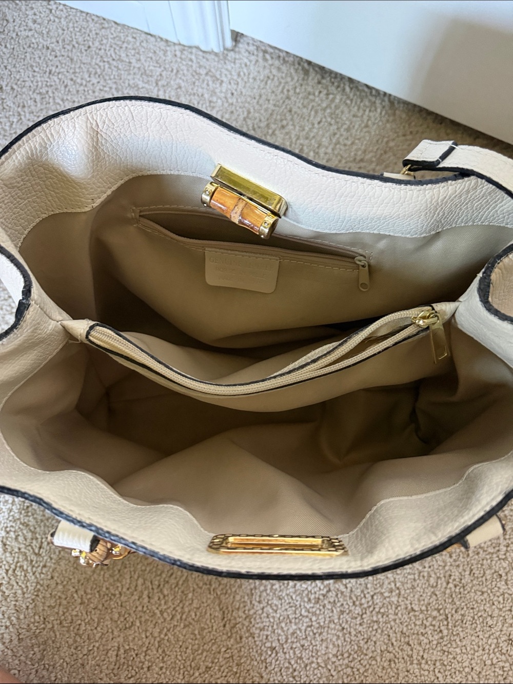 Cream Leather Tote with Bamboo Top Handles - Picture 6 of 8